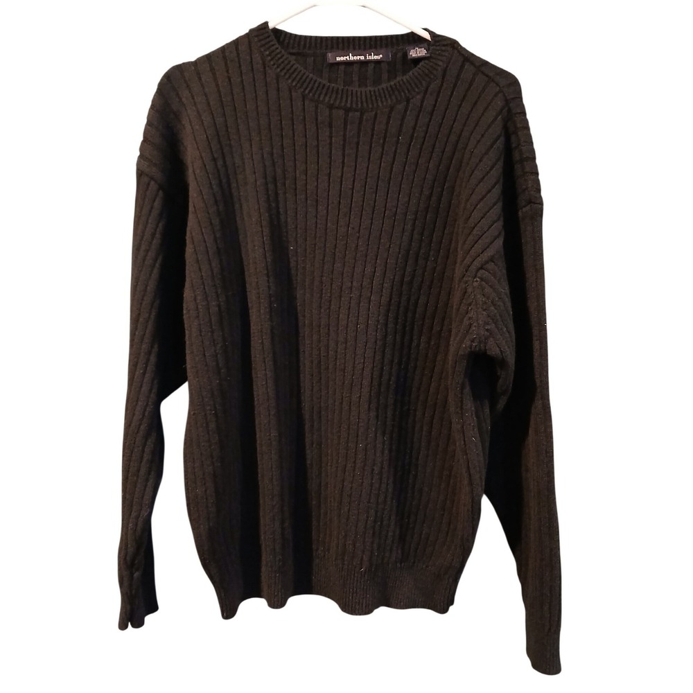 Northern Isles Mens XL Ribbed Crewneck Sweater Black Ramie Cotton Knit Pullover